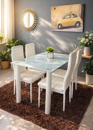 Mesa de cristal con 4 sillas blancas