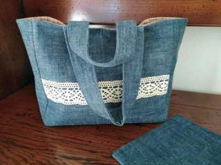 Borsa bauletto in jeans e lino country chic