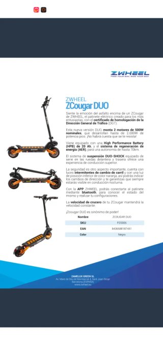 Patinete Eléctrico Zcougar Duo homologado con 34km
