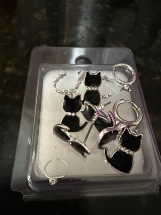 Set de Joyas Gato Negro y Aro Plata