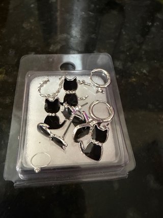 Set de Joyas Gato Negro y Aro Plata