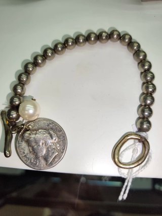 Pulsera Bolas acero y moneda plata