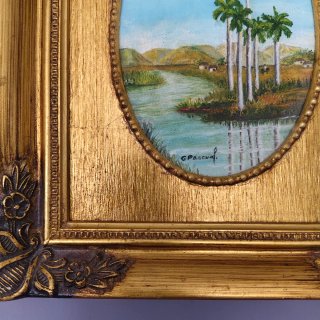 Cuadro paisaje palmeras firmado marco dorado