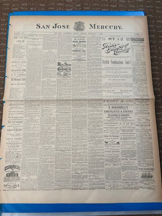 Antico giornale San Jose Mercury 1876