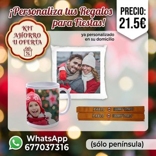 Taza, cojín y pulsera personalizada