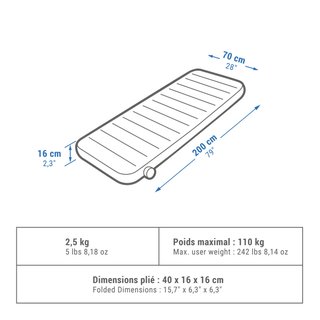 Colchón hinchable de camping 1 persona 200x70 cm. Quechua