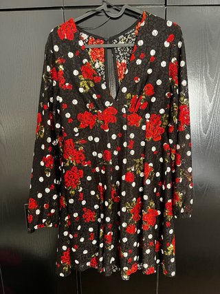 Vestido Zara Negro Flores Rojas Lunares