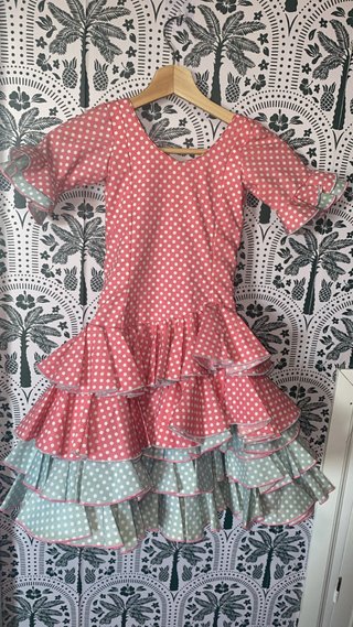 Traje Flamenca Niña Lunares Rosa y Verde TALLA 5 a