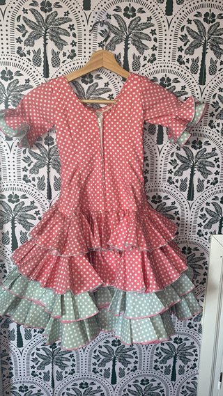 Traje Flamenca Niña Lunares Rosa y Verde TALLA 5 a