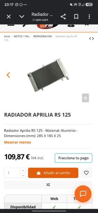 ‼️Radiador Aprilia RS 125 aluminio‼️