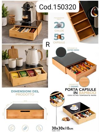 Porta Capsule Bambù con Vetro Nero