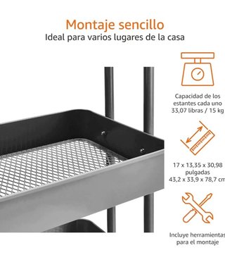 Carrito Multiuso Amazon Basics 3 Niveles Gris