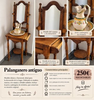Palanganero antiguo madera tallada espejo