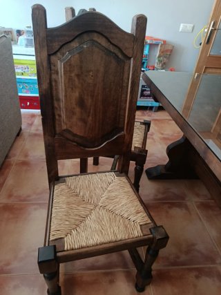 Mesa  madera maciza, cristal y 6 sillas