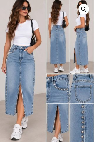 Falda vaquera larga con tachuelas XS hasta XL