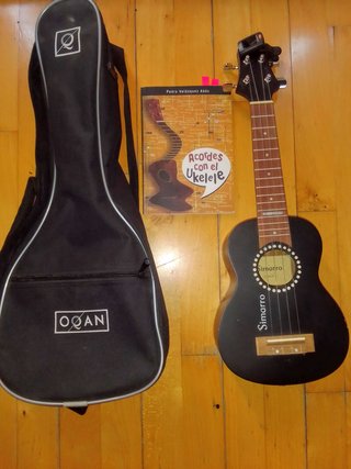 Ukelele negro con funda, libro y afinador