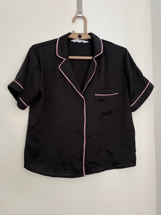 Pijama mujer negro con ribete rosa