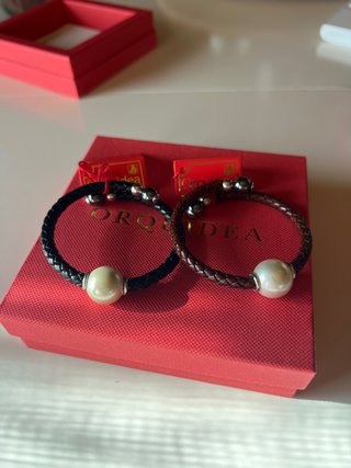 Pulsera Orquidea Cuero Trenzado Perla Negra/Marrón