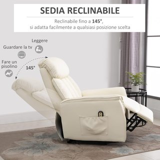 Sillón Eléctrico Elevador Reclinable 145°, Sillón Relax Eléctrico de Piel PU con Control Remoto, Bolsillos Laterales y Reposapiés Integrado, Crema