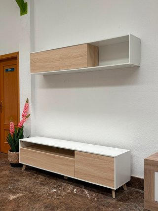 Mueble TV y estante salón cambria y blanco