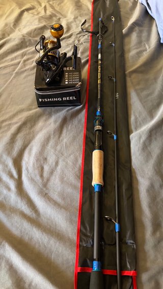 Caña y carrete de pesca spinning