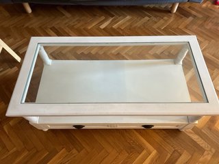 Mesa centro vintage cristal y madera blanca