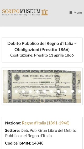 Regno d'Italia Obbligazione Debito Pubblico 1866