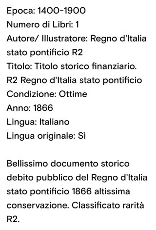 Regno d'Italia Obbligazione Debito Pubblico 1866