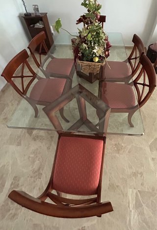 Mesa comedor cristal y 6 sillas madera