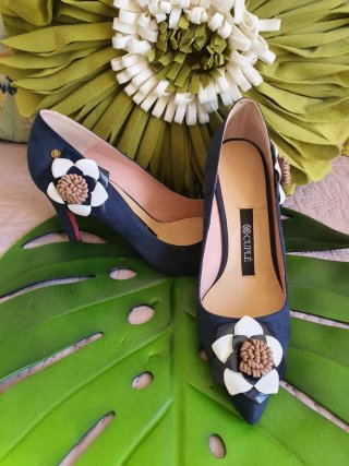Zapatos Cuplé T37 Azul Flor Piel Sin Estrenar