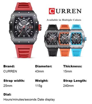 Reloj Curren Skeleton Negro y Rojo Deportivo
