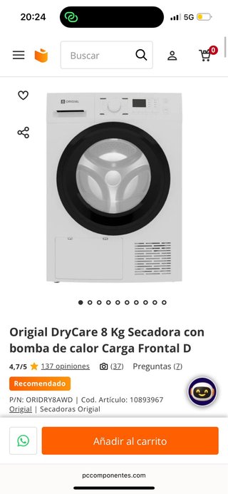 Secadora Origial DryCare 8 Kg Bomba Calor