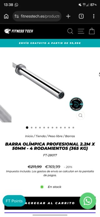 Barra Olímpica Fitness Tech 20kg