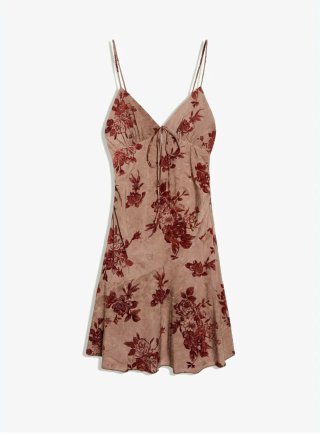 Vestido floral beige y rojo