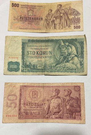 3 Banconote Cecoslovacche: 500, 100, 50 Corone