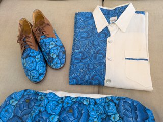 Vestido largo mexicano · seda floral azul · M