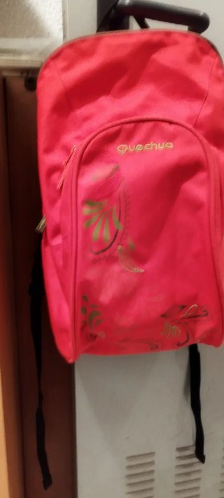 Mochila Quechua Roja con Diseño Dorado