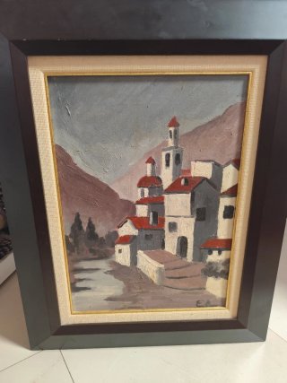 Pintura de pueblo con montañas