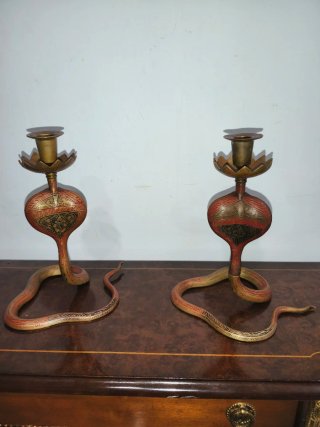 Candelabros Bronce Cobra Serpiente Antiguos