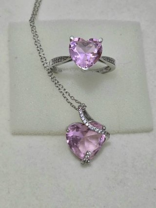 Conjunto Plata 925 Corazón Rosa y Cadena