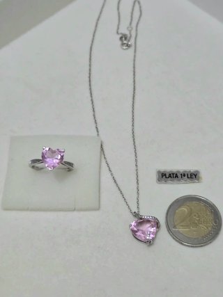 Conjunto Plata 925 Corazón Rosa y Cadena