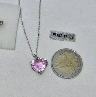 Conjunto Plata 925 Corazón Rosa y Cadena