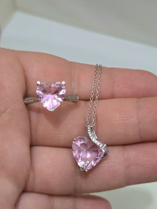 Conjunto Plata 925 Corazón Rosa y Cadena