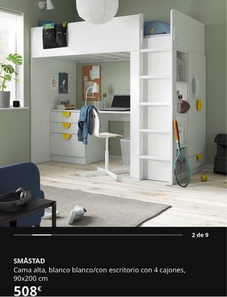 Cama alta blanca con escritorio  IKEA SMÅSTAD