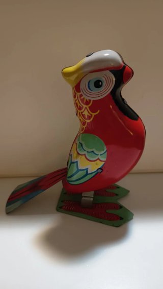 Juguete Antiguo de Chapa a Cuerda - Pájaro / Loro