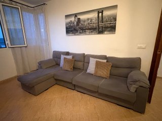 Sofá modular tela gris y marrón