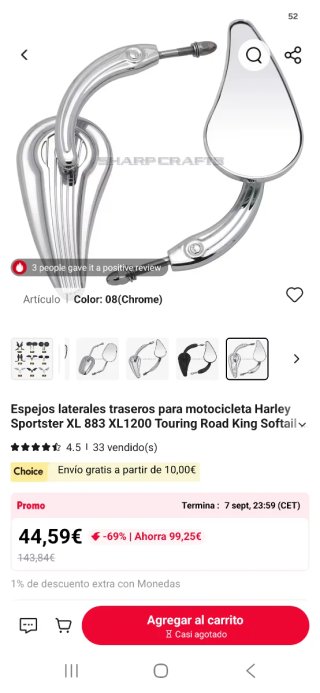 Espejos Moto Custom Harley Cromados