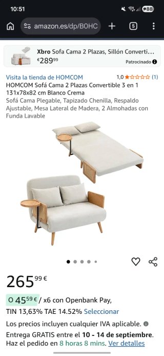 HOMCOM Sofá Cama 2 Plazas Convertible 3 en 1 131x7