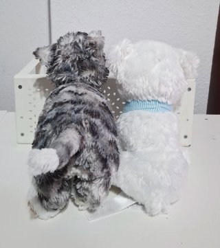 Peluche gato gris y blanco + peluche oso blanco