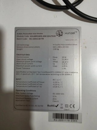 Placa Solar 20W, 42x34cm